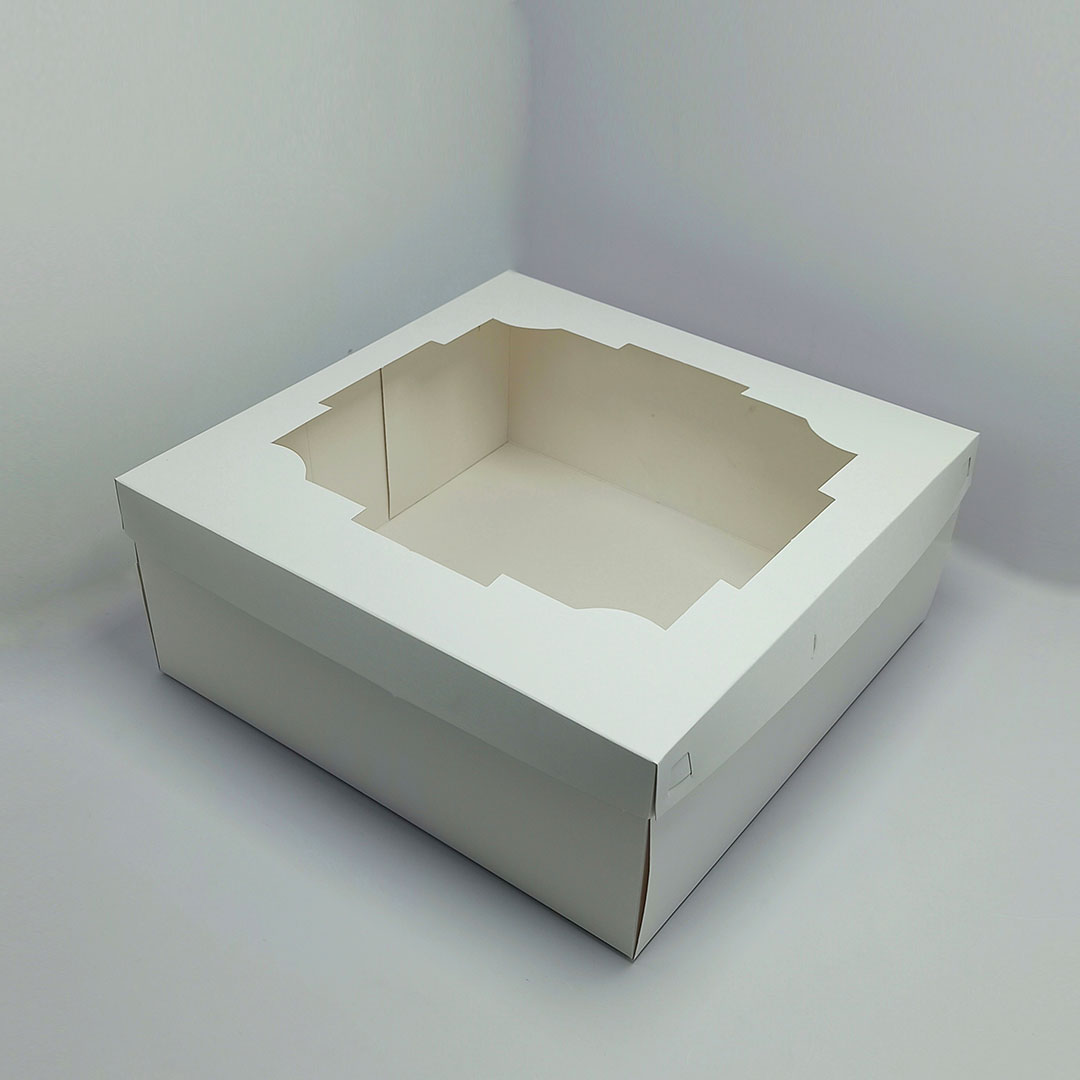 Caja de cartulina blanca para tortas con visor superior